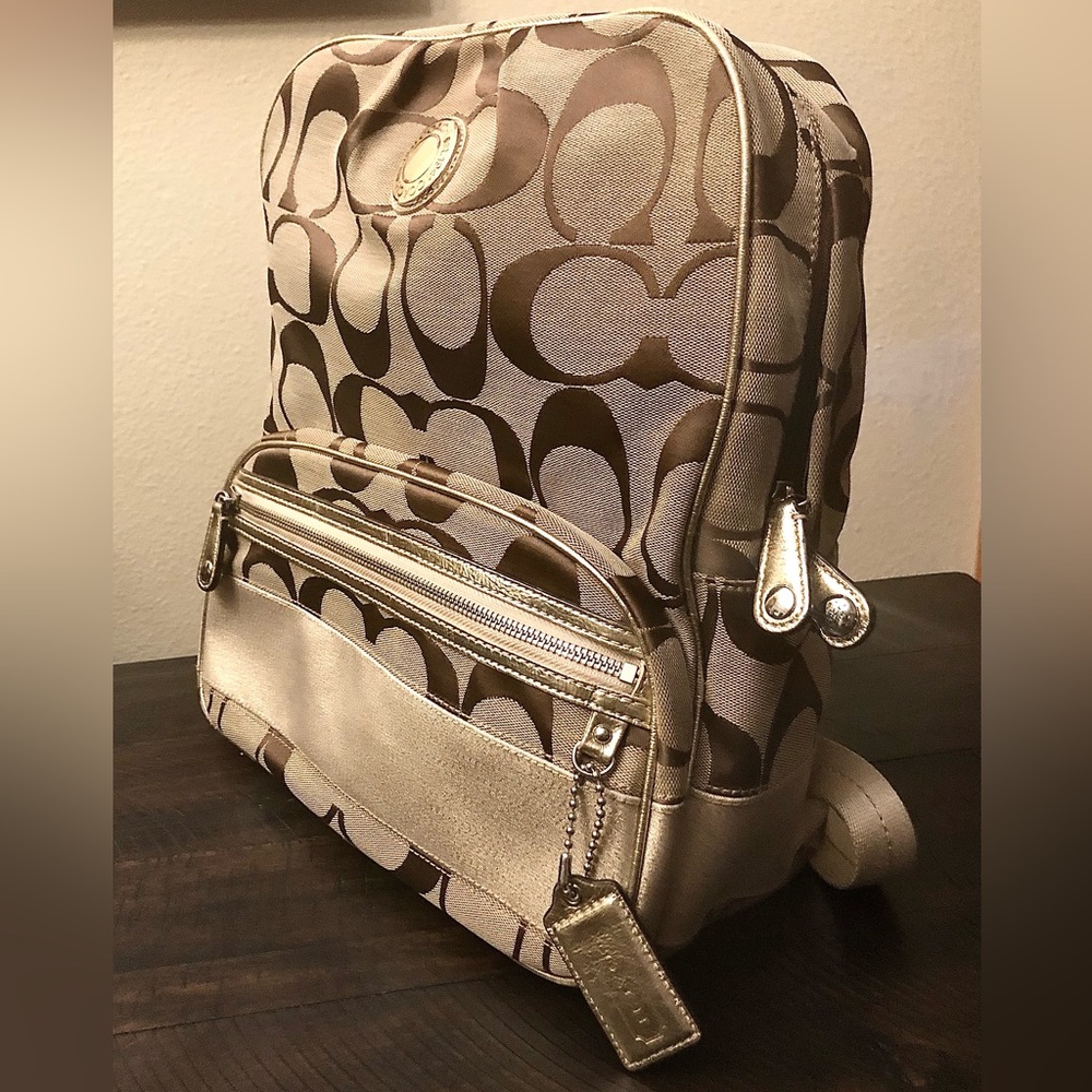 COACH Backpack Signature Logo F19451 Khaki Gold Purple Bag Authentic